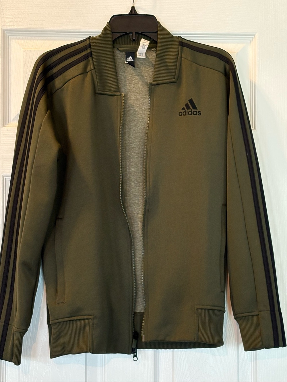 adidas Men’s Olive Green Full-Zip Track Jacket with Black Stripes